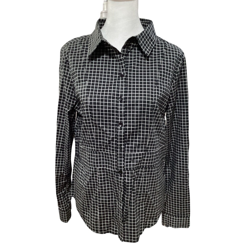 Simply Styled by Sears Womens Black White Grid Button Down Shirt Small S/C